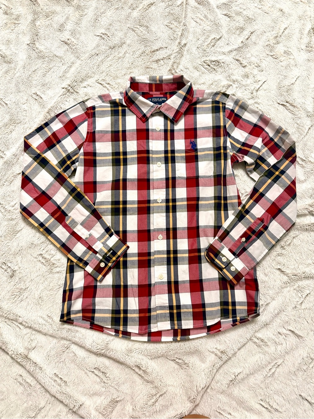 U.S. Polo Assn Boys Plaid Button Down Shirt Long Sleeve Red Blue White Size XL